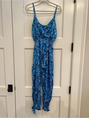 Aqua Blue Floral Spaghetti-Strap Jumpsuit